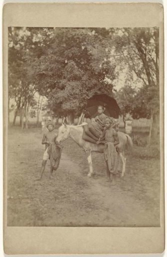 Unknown Buginese princess on horseback with two servants, Sulawesi