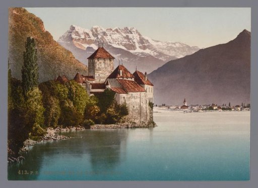 View of the Castle of Chillon on the Lake of Geneva, in the distance the Dents du Midi