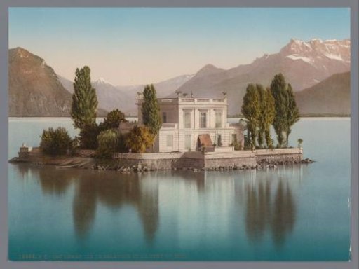 View of Île de Salagnon in the Lake of Geneva, in the background the Dents du Midi