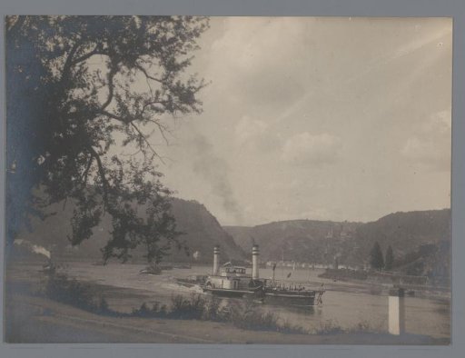 Steamship in a river, possibly the Rhine in Germany
