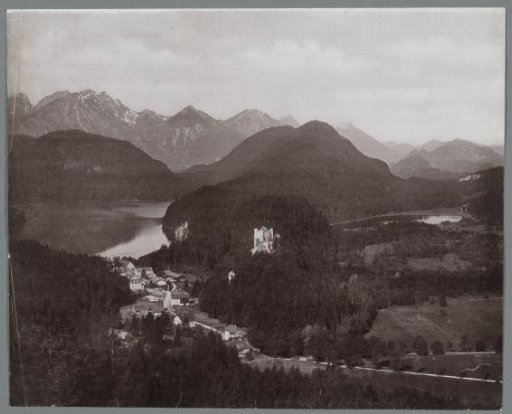 View of Hohenschwangau Castle with the Alpsee to the left and the Schwansee to the right