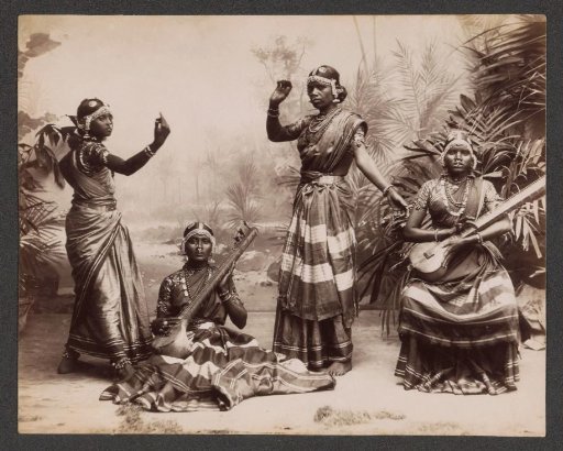 Studio portrait of unknown dancers and musicians, Sri Lanka