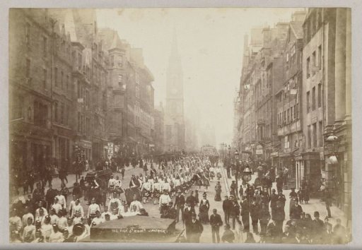 Parade in High Street, Edinburgh, possibly celebrating the twentieth anniversary of the Scottish 'volunteer forces'