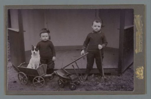 Portrait of two boys with knitted caps on toy carts and a dog