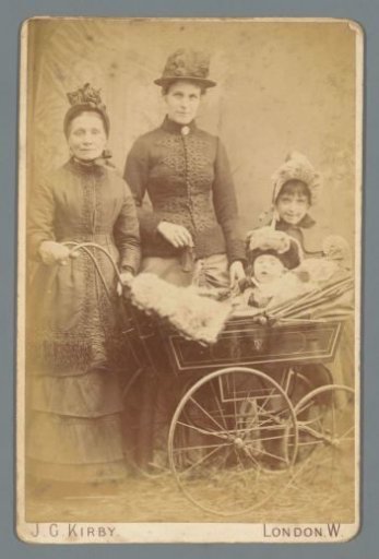 Group portrait of two women and two children behind a pram