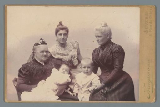 Group portrait of three women and two children, presumably family members