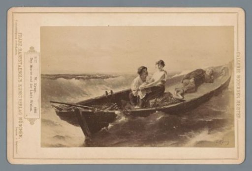 Photographic reproduction of a painting of a man and a woman and a sleeping man in a rowing boat at sea