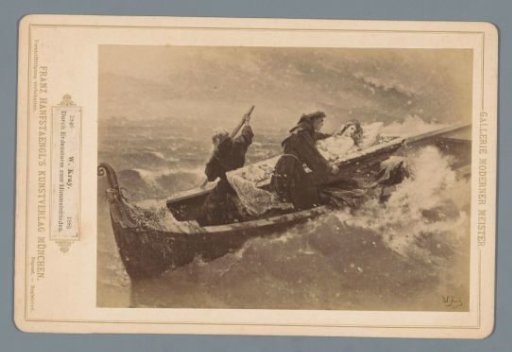 Photographic reproduction of a painting of two monks in a rowing boat at sea with a dead woman on a bier