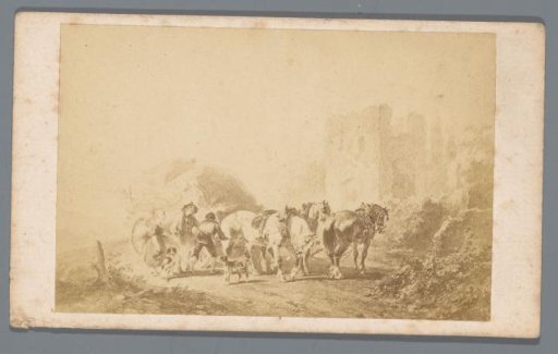 Photoreproduction of a drawing of two men and a woman with horses on a road by Wouter Verschuur