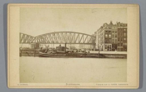 View of the Boompjes in Rotterdam with the railway bridge over the Nieuwe Maas