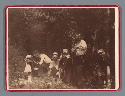 Group portrait of six French soldiers in a forest