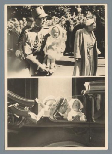 Prince Bernhard carries Beatrix on his arm and the royal family in a car
