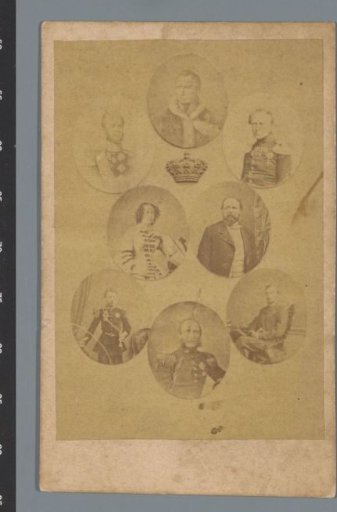 Composite portrait of the Dutch royal family with King William III, Queen Sophie, Prince Alexander, Prince Frederick, and Crown Prince William. Above them the portraits of King William I and II and Henry