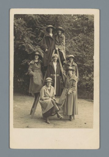Group portrait of nine unknown women on a ladder
