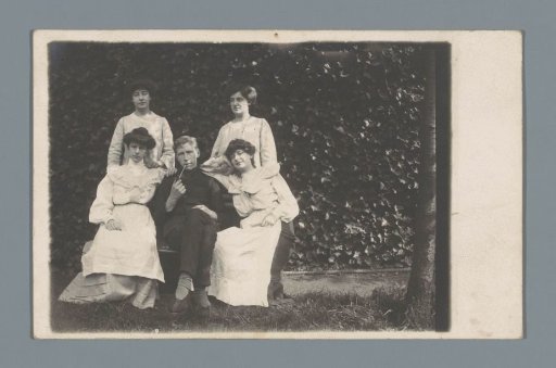 Group portrait of an unknown man and four unknown women