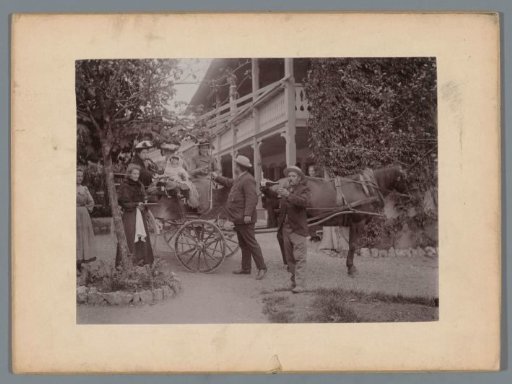 Toasting Company with a Horse-Drawn Carriage in Front of a House