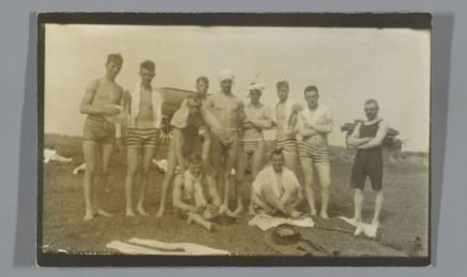 Group portrait of unknown men in swimwear