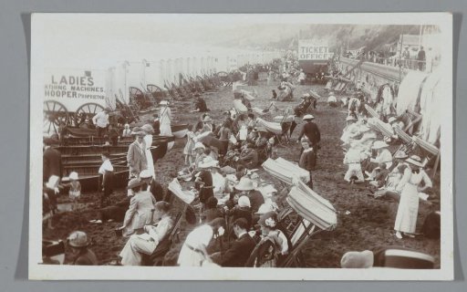 View of a beach with bathing carriages (probably) in Great Britain