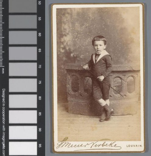 Portrait of an unknown boy with a staff in his hand, standing next to a balustrade