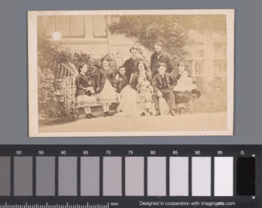 Group portrait of an unknown family in front of a house
