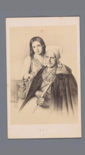 Photographic reproduction of a drawing of two begging women