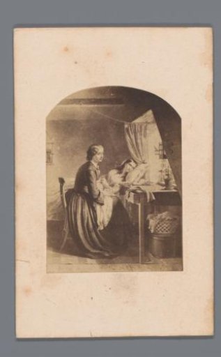 Photographic reproduction of a drawing of two young women in a room, with the poem *Friendship in Adversity* by Ten Kate on the back