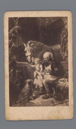 Photographic reproduction of a scene of a man with a child in a stable by a horse