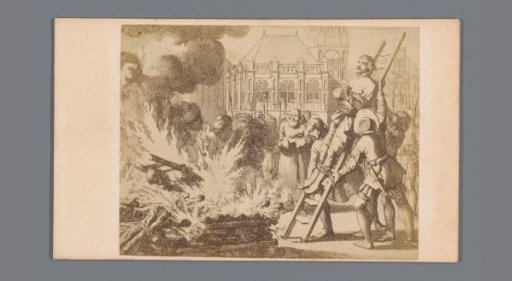 Photographic reproduction of a print of a man executed on the pyre on the Dam, by Jan Luyken