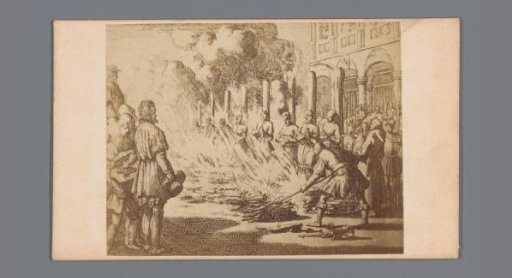 Photographic reproduction of a print of A Group of Men and Women Executed on the Stake at the Dam, by Jan Luyken