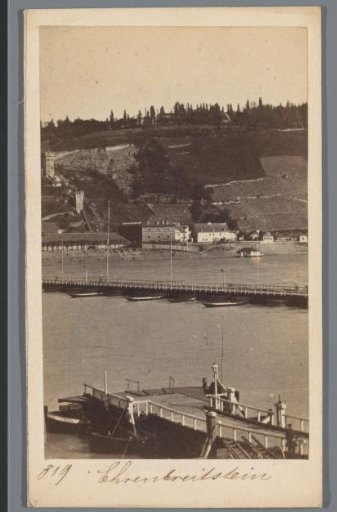 View of the boat bridge over the Rhine at Koblenz and Castle Ehrenbreitstein