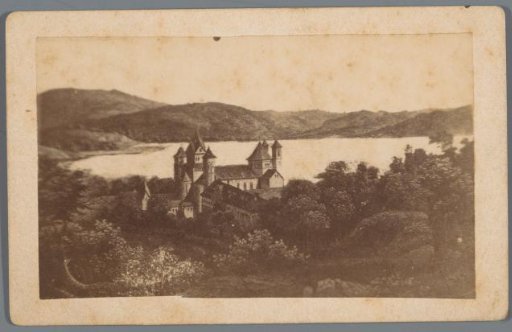 Photographic reproduction of an engraving of the Abbey of Maria Laach in the Eifel