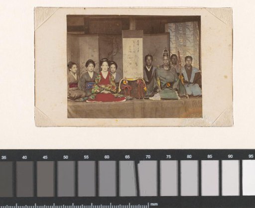 Group portrait of eight unknown Japanese women and men in kimonos