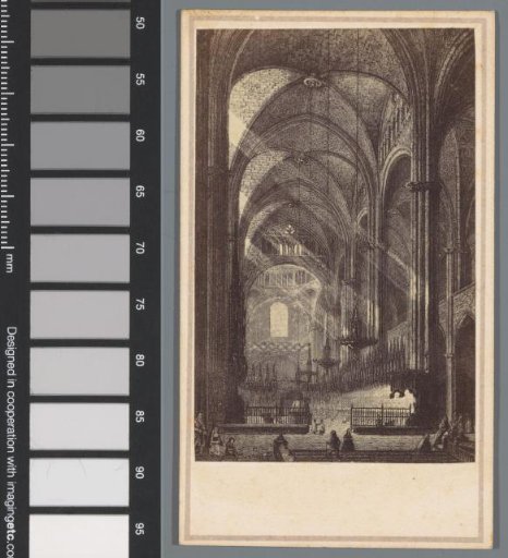 Photographic reproduction of an engraving of the interior of the cathedral of Barcelona