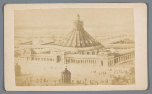 Photographic reproduction of a drawing of the Rotunda in Vienna, possibly during the World Exhibition of 1873