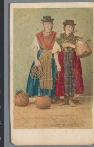 Portrait of two unknown women in local dress with copper water buckets
