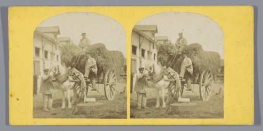 Three men near a hay wagon, probably in France