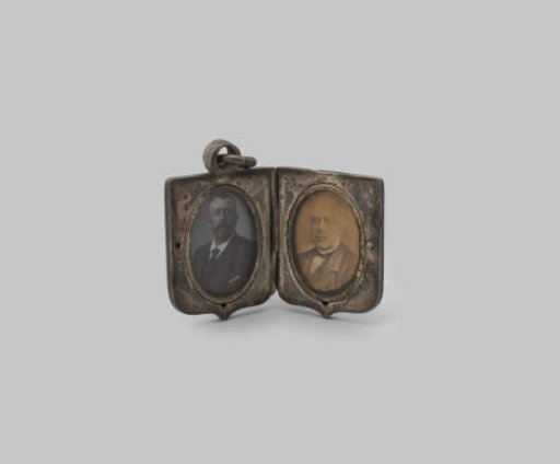Pendant, shield-shaped, with monogram and two portraits of unknown men
