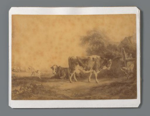 Photographic reproduction of a painting with cows in a landscape