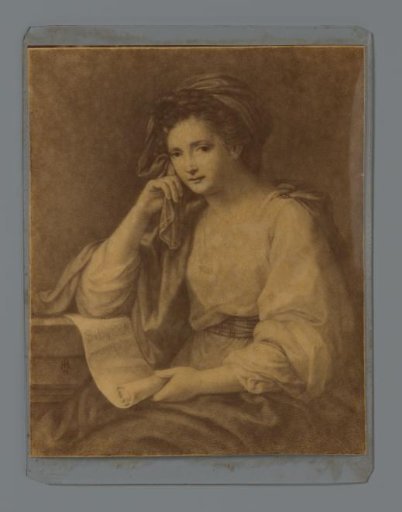 Photographic reproduction of a print of a Sibyl with a roll of paper