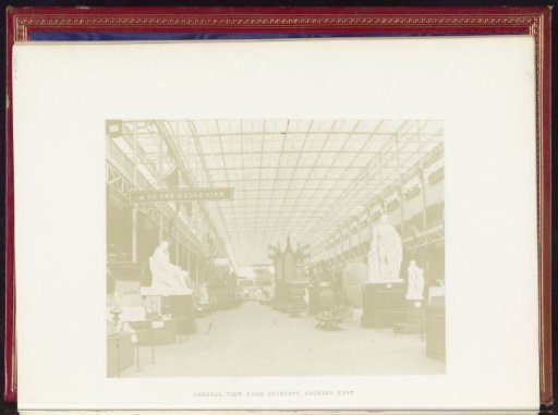 Interior of the Great Exhibition of the Works of Industry of All Nations in 1851 in the Crystal Palace in London with two sculptures and an organ behind them