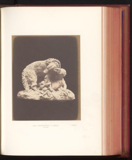Sculpture of a dog protecting a child by Auguste Jean Baptiste Lechesne, exhibited at the Great Exhibition of the Works of Industry of All Nations of 1851 in London