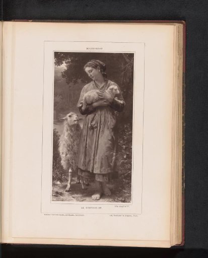 Reproduction of a painting depicting an unknown young woman with a lamb and a sheep by William-Adolphe Bouguereau