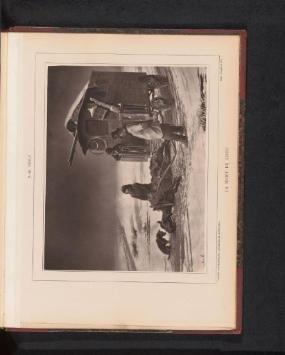 Reproduction of a painting of a covered wagon with a dead horse by Pierre-Marie Beyle