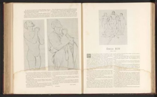 Photographic reproduction of a drawing by Émile Bin, depicting a crowned woman on a throne with three women beside her