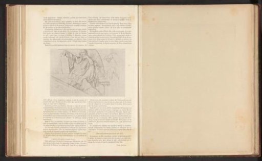 Photographic reproduction of a drawing by Émile Bin, depicting architectural fragments, a bearded man, and two hands