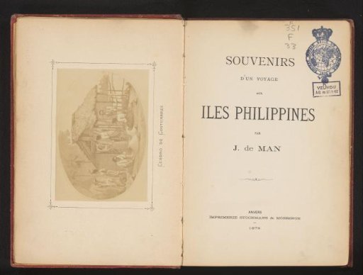 Photographic reproduction of a drawing of a village scene in the Philippines