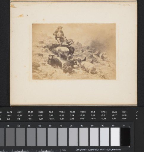 Photoreproduction of a painting by Rosa Bonheur of a sheepherder with his flock on a mountain