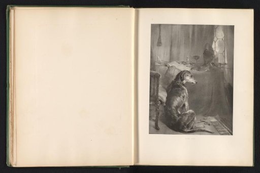 Reproduction of a print after a painting of a dog in a castle interior by Edwin Landseer