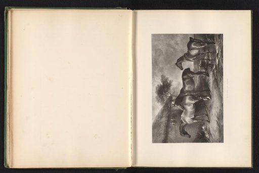 Reproduction of a print after a painting of three horses at a farm by Edwin Landseer