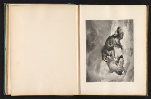 Reproduction of a print after a painting of a dog and a sheep in the snow by Edwin Landseer